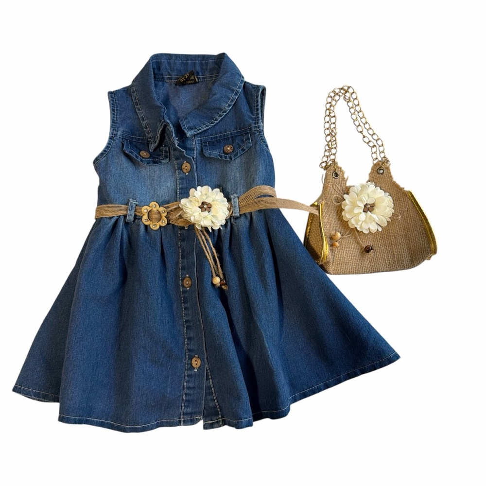 Girls Denim Dress with Belt and Bag Set